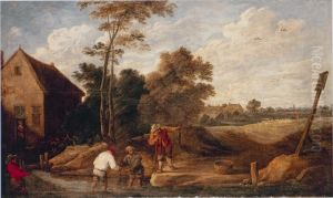 Vissende boeren in een beek, bij een boerderij by David Teniers the Younger