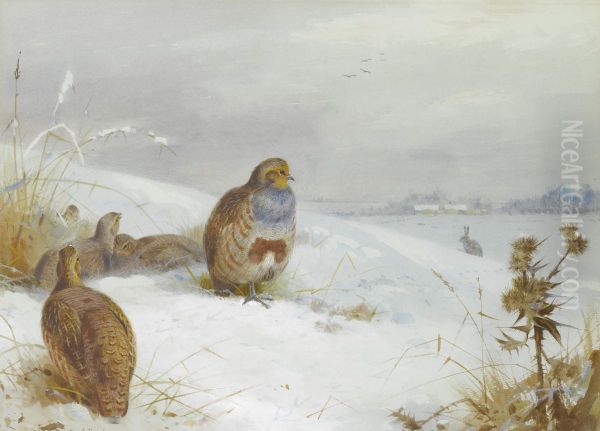 Hard times - partridges and a hare - view 1