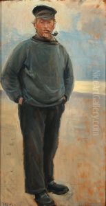 Strandparti med en piberygende fisker. by Michael Peter Ancher