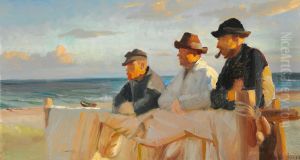 Three fishermen on Skagen beach in the evening sun. by Michael Peter Ancher