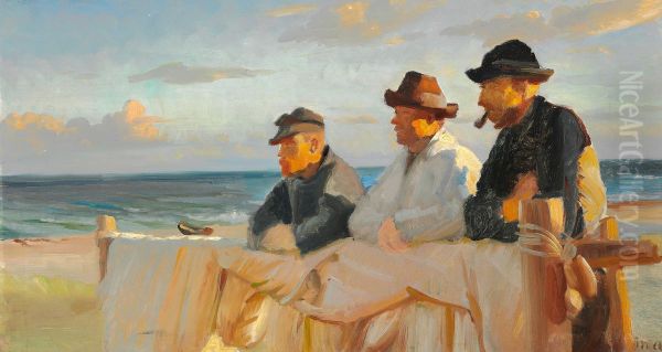 Tre fiskere pa Skagen Strand i aftensol. - view 1