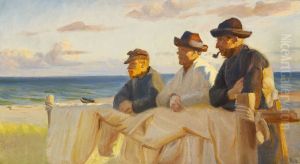 Efter fyraften. Tre fiskere nyder den sene eftermiddagssol. by Michael Peter Ancher