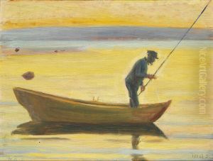 Old man fishing from a boat. by Michael Peter Ancher