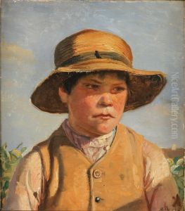 Portrait of young man with straw hat. by Michael Peter Ancher