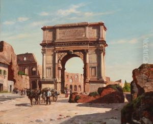 Prospect from Rome. Arch of Titus with the Colosseo in the background.
