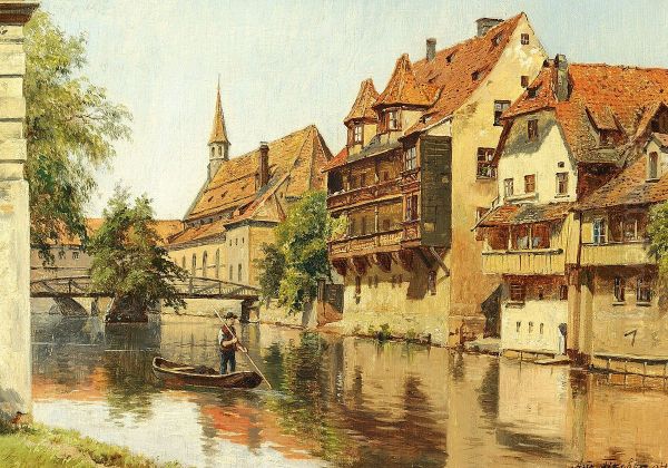 A man in a boat in a German town. - view 1