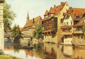 A man in a boat in a German town.