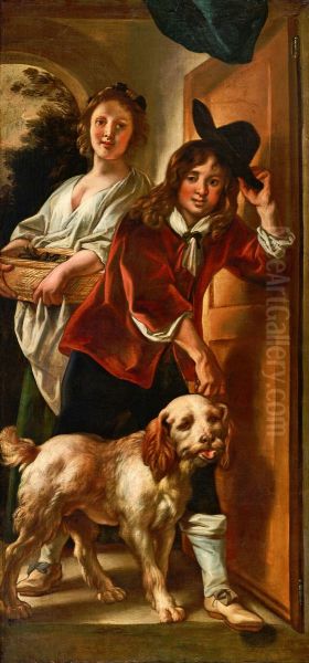 Trompe l'oeil door piece of a maid, a boy taking off his hat and a dog - view 1