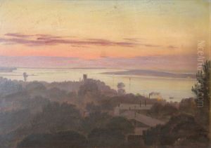 Saint John's Eve at Roskilde Fjord, seen from a window near the cathedral. by August Jerndorff