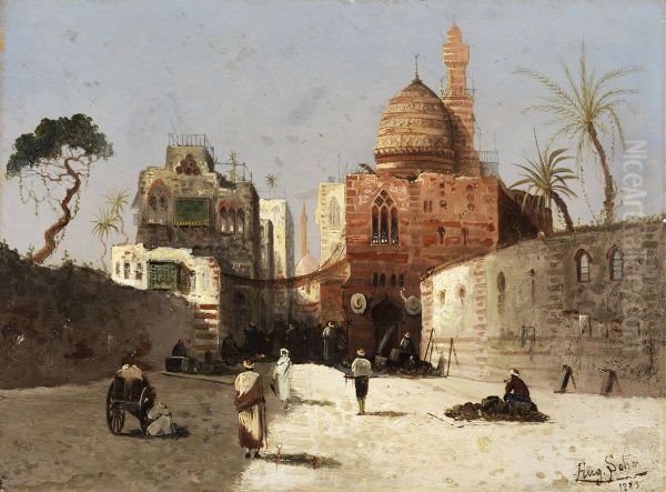 Orientalische Strassenszene mit Moschee, Minarett und Handlern auf einem Vorplatz. - view 1