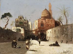 Orientalische Strassenszene mit Moschee, Minarett und Handlern auf einem Vorplatz. by Wilhelm Sohn