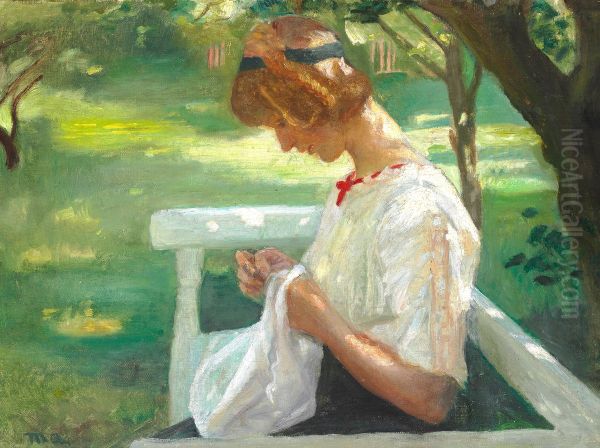 Ella Saxild sewing in the garden on a summer day. - view 1