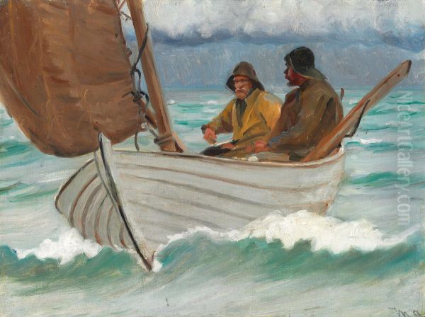 Two fishermen from Skagen in a sailing boat off the coast. - view 1