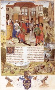 Das Buch der Falknereikunst vonKaiser Friedrich II., Frontispiz, Szene: Dem Regenten wird ein Falke uberreicht