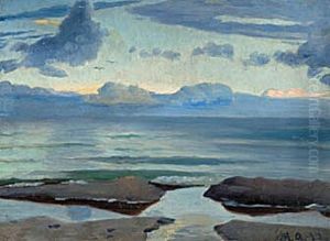 Parti fra Skagen Strand med mager i horisonten, tidlig aften. by Michael Peter Ancher