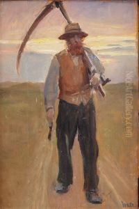 A farmer with a scythe. by Michael Peter Ancher