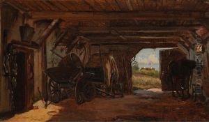 A barn with a open gate in the background by August Fischer