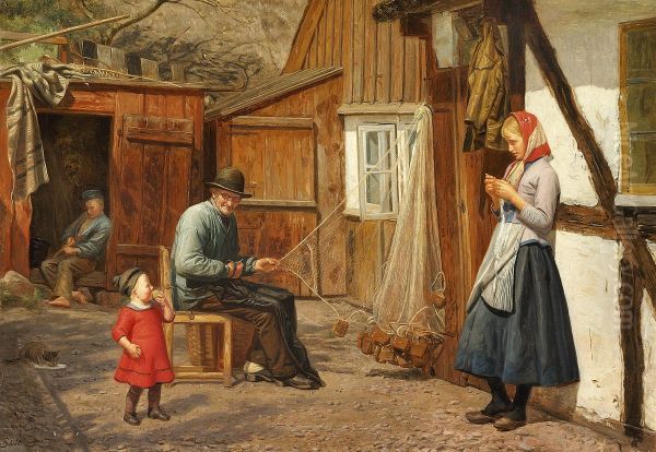Young girl talking to a fisherman who is mending nets. - view 1