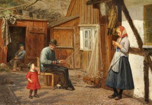 Young girl talking to a fisherman who is mending nets.