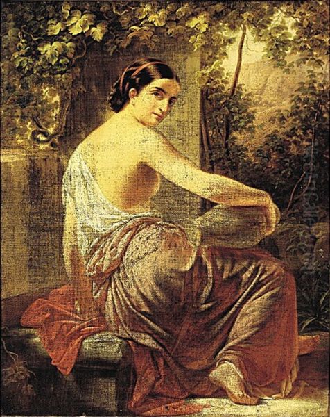 An Italian woman sitting with a jar. - view 1