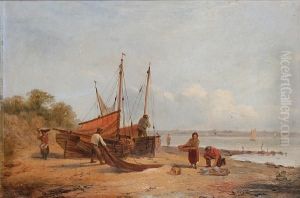 Fisherfolk On The Shore, Probably The Mersey Near Eastham by Benjamin Callow