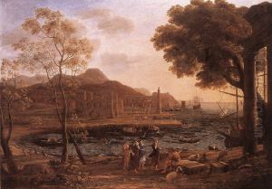 Harbour in rocky landscape by Claude Lorrain (Claude Gellee)