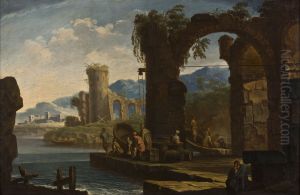 Mediterranean port with high, ruinous and overgrown archway, round tower and aquaduct in the background by Clemente Spera