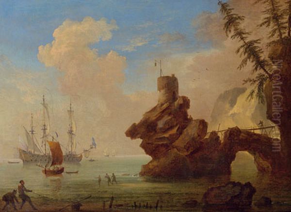 Kustlandschap met een vuurtoren op rotsen gebouwd; in de voorgrond halen vissers een net binnen - view 1