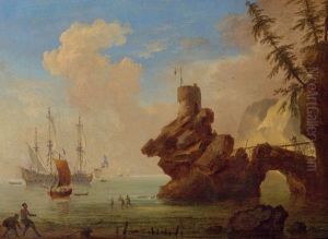 Kustlandschap met een vuurtoren op rotsen gebouwd; in de voorgrond halen vissers een net binnen