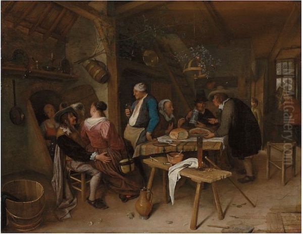 Merry company drinking and eating in a tavern - view 1