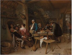 Merry company drinking and eating in a tavern