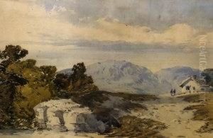 Mountainous Landscape With Figures Walking By A White Cottage by William Callow