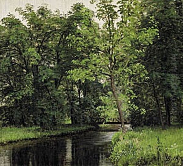 Forest scene with a bridge crossing a stream. - view 1