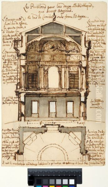 Proposal for a Library Pavilion for the Louvre, Paris. Section with interior elevation and plan - view 1