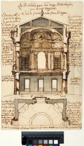 Proposal for a Library Pavilion for the Louvre, Paris. Section with interior elevation and plan by Nicodemus Tessin the Younger