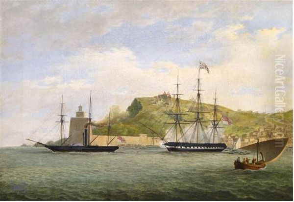 H.M.S. Salamander off la Torre de Hercules at the entrance to the harbour of La Coruna towing a British frigate, flying the flag of the Governor of the port, to sea - view 1