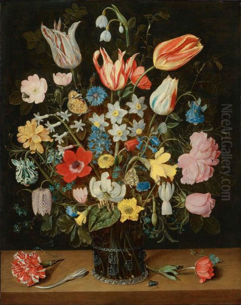 Still life of flowers in a glass beaker - view 1