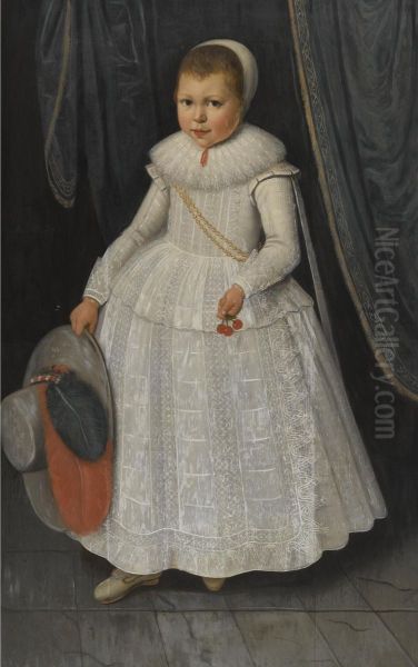 Portrait of a Young Girl, full length, wearing a white lace dress and holding a hat and cherries - view 1
