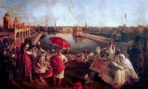 Maharaja Ranjit Singh listening to Granth Sahib being recited near the Golden Temple. by Agoston Schoefft