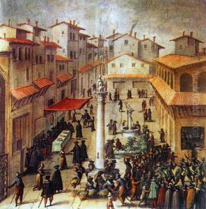 L'attualePiazza della Repubblica a Firenze, prima degli sventramenti ottocenteschi. by Stradanus
