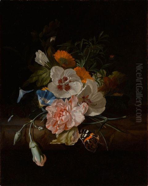 Still life of carnations, hibiscus, morning glories, and other flowers on a ledge, with a butterfly - view 1