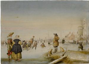 Figures skating on a frozen lake with an elegant couple in the foreground by Hendrick Avercamp