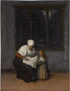 Old woman seated with a young girl before a window
