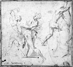 A couple of soldiers dragging of a prisoner (left) and a nude man striking out (right) by Polidoro Da Caravaggio (Caldara)