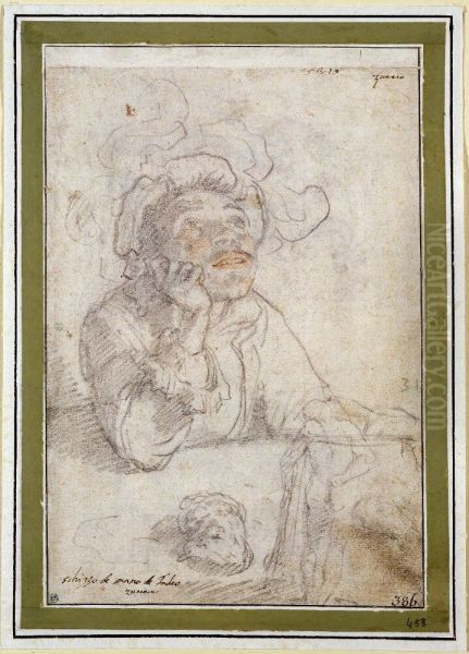 A man in a plumed hat sitting at a table - view 1