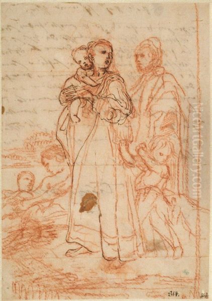 Mother Carrying a Small Child on her Right Arm Holding a Boy in her Left - view 1