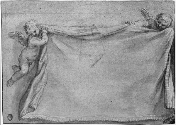 Two putti supporting a drape - view 1