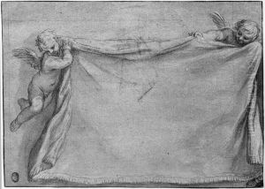Two putti supporting a drape