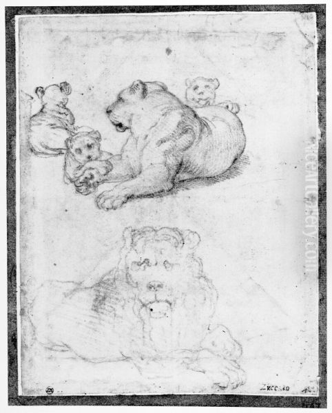 Recumbent lion, lioness and cubs - view 1