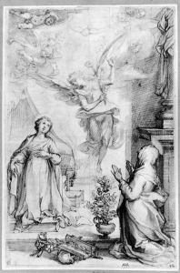 The Annunciation. To the right, St. Catherine of Siena in adoration by Francesco Vanni